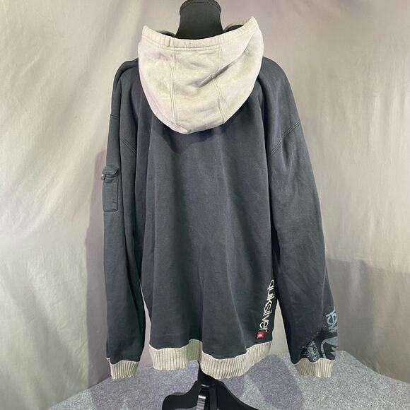 Quicksilver Hoodie Men’s Large Logo Graffiti Ribbed Casual Skater Black Grey - Picture 3 of 13